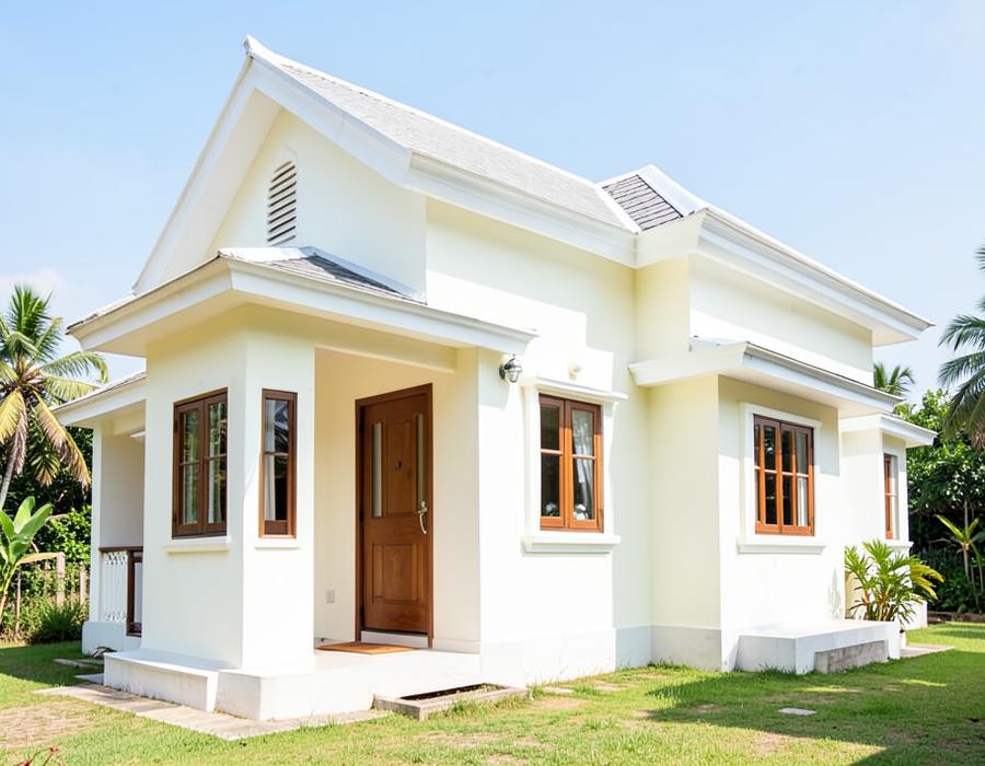 Freshly painted cream exterior of a Kerala home after repainting