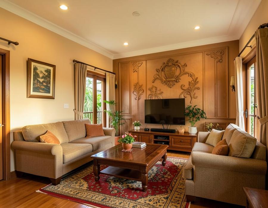 Warm repainted living room with smooth walls and a wood feature wall