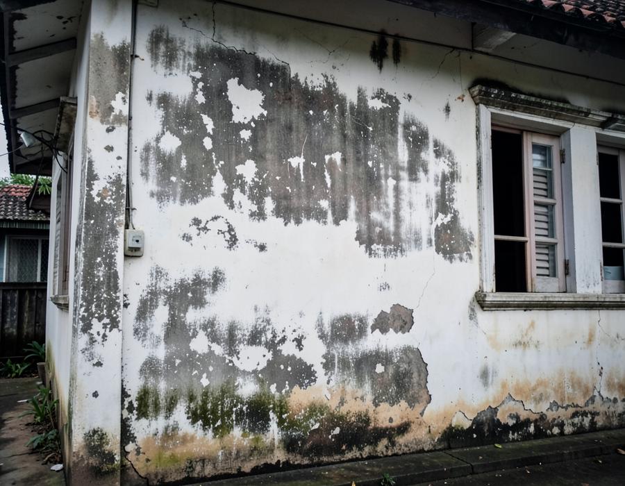 Weathered exterior wall with peeling paint and fungus before repainting