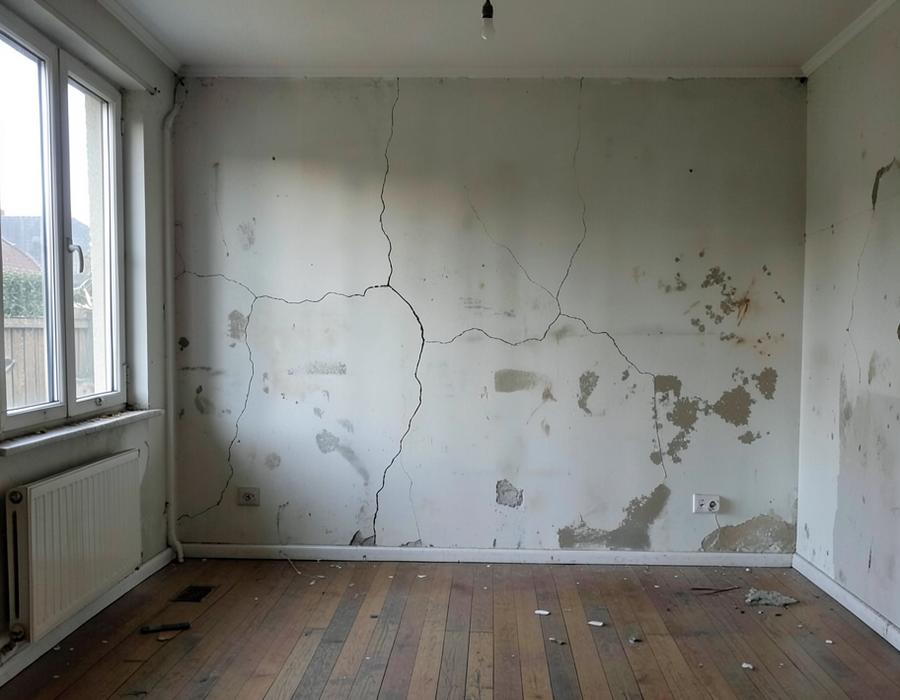 Interior room with cracked walls and peeling old paint before renovation